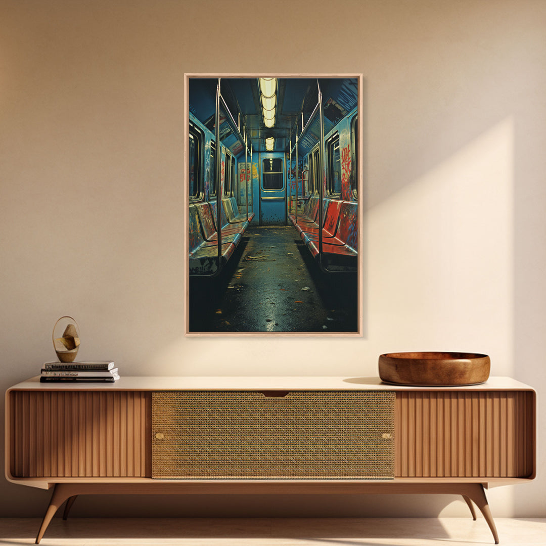 Urban Decay, Abandoned Subway Car Photography Framed Canvas Print, 1970s NYC Subway Car, Graffiti Art