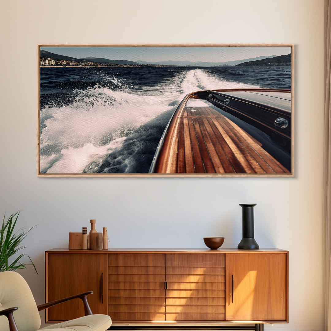 Leaving Italy In the Rear View, Nautical Decor, Framed Canvas Print, Speed Boat Photography Print, Vaporwave Aesthetic