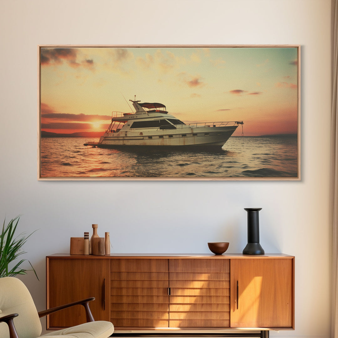 An Abandoned Yacht at Sunset - Framed Canvas Print - Nautical Decor - Vaporwave Art - Liminal Spaces - Urban Decay - Eclectic Wall Art