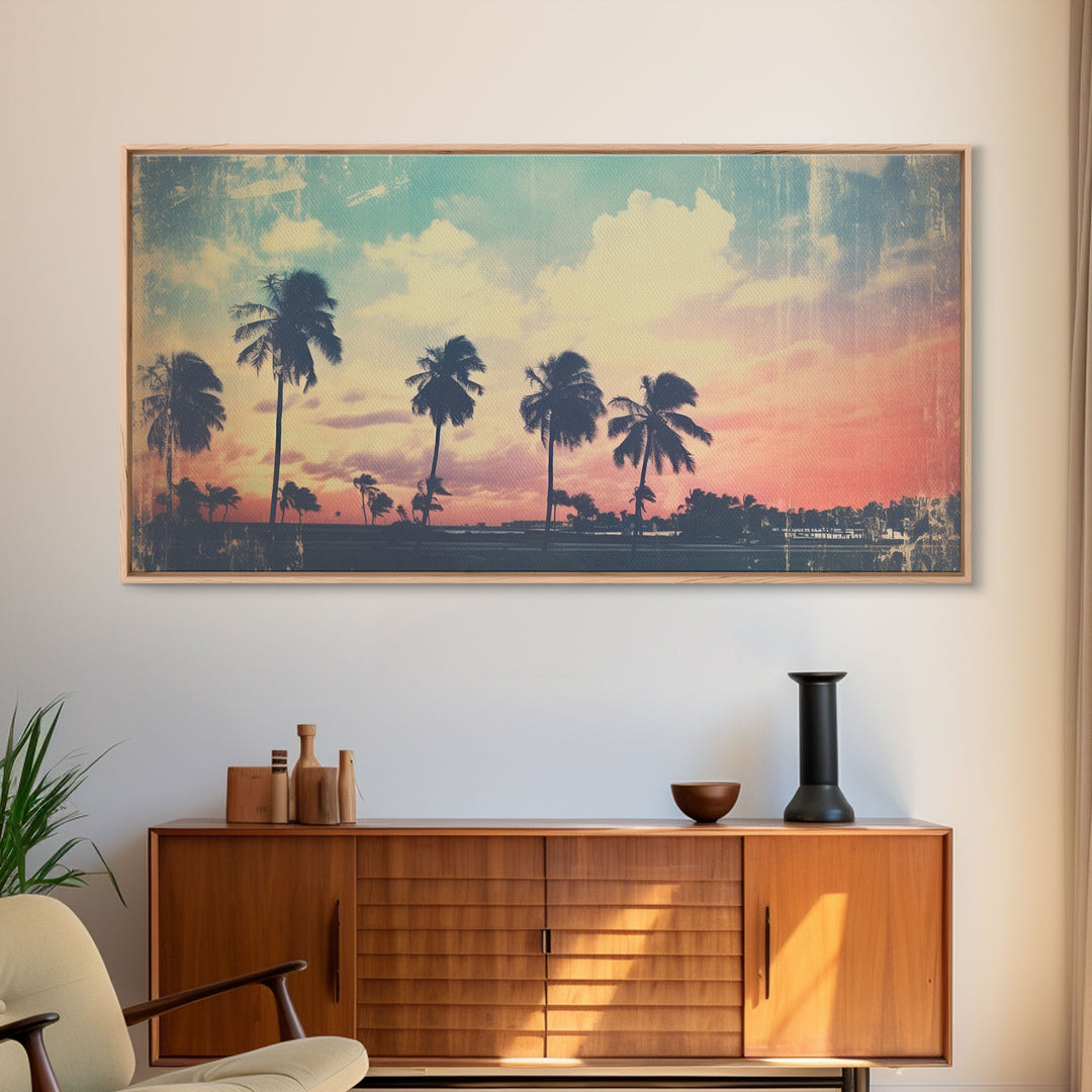 Distressed Old Photo Of Miami Beaches In the 1980s - Framed Canvas Print - Photography Print - Vaporwave Aesthetic Wall Art