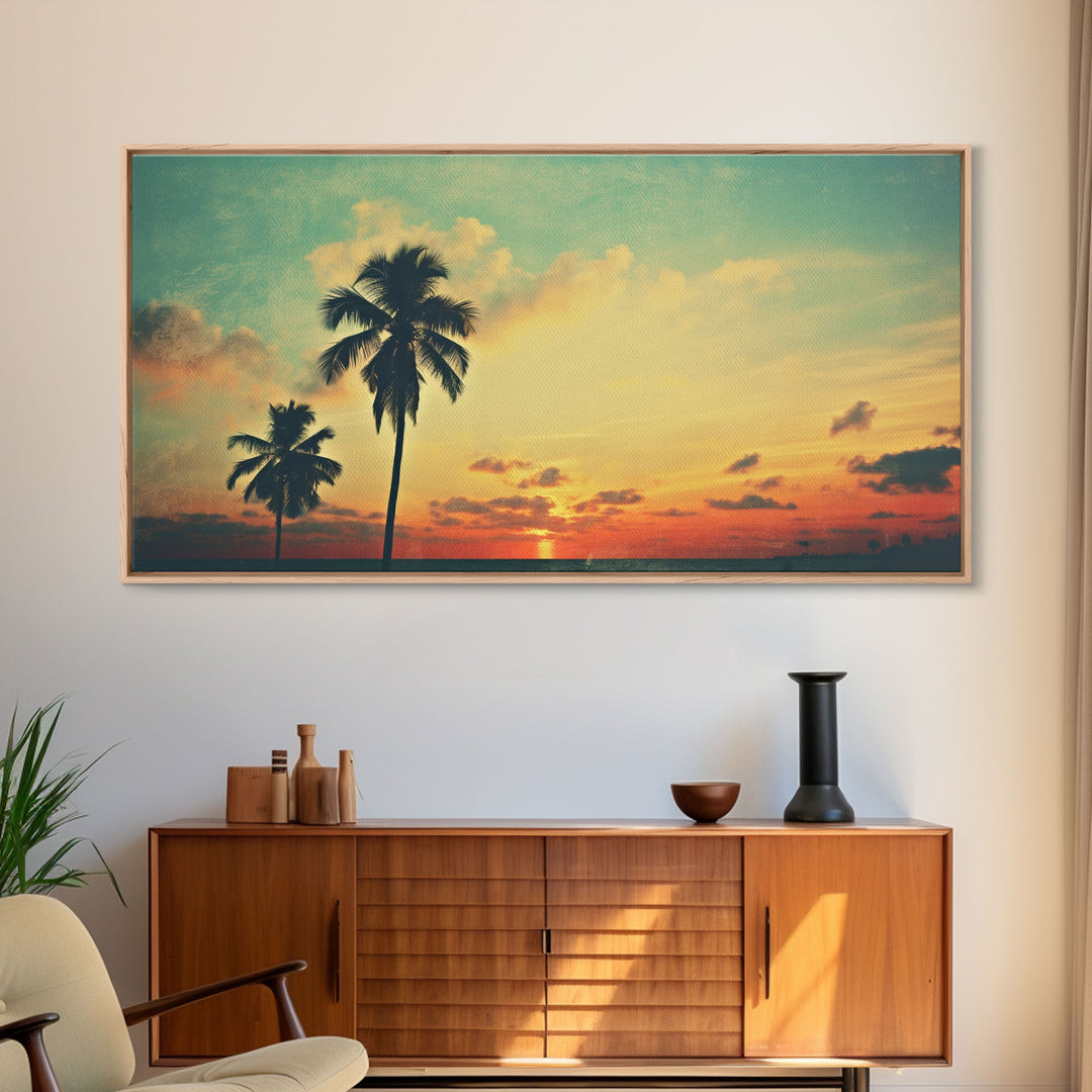 Distressed Old Photo Of Miami Beaches In the 1980s - Framed Canvas Print - Photography Print - Vaporwave Aesthetic Wall Art