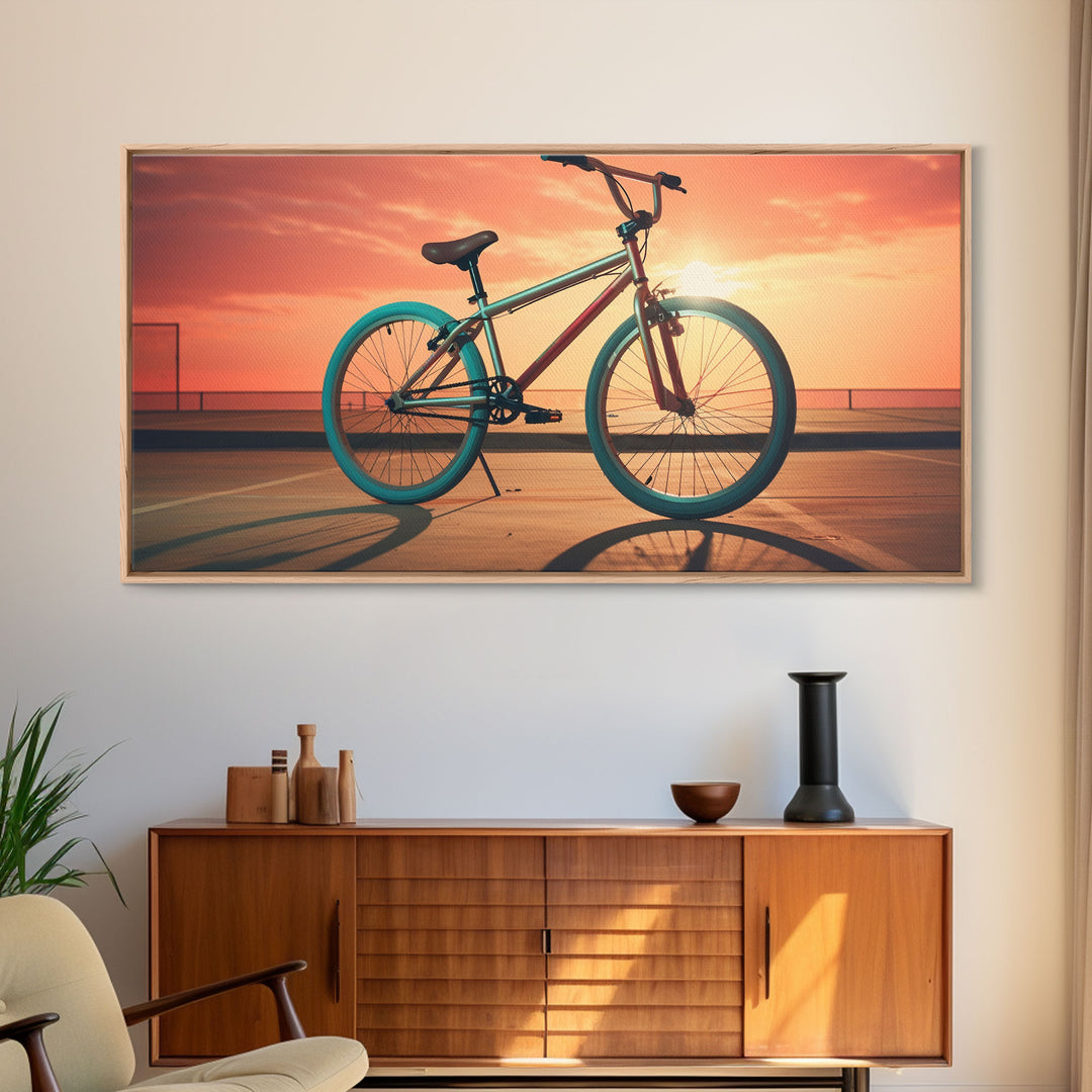 Vaporwave BMX Bike, Framed Canvas Print, Retro Wall Art, Sunset Photography, Bicycle Decor, Bike Rider Gift, Guy Gift