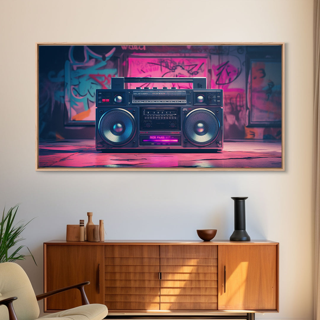 Vaporwave Boombox Wall Art, Framed Canvas Print, 1980s Inspired Home Decor, Retro Art, 80s Decor