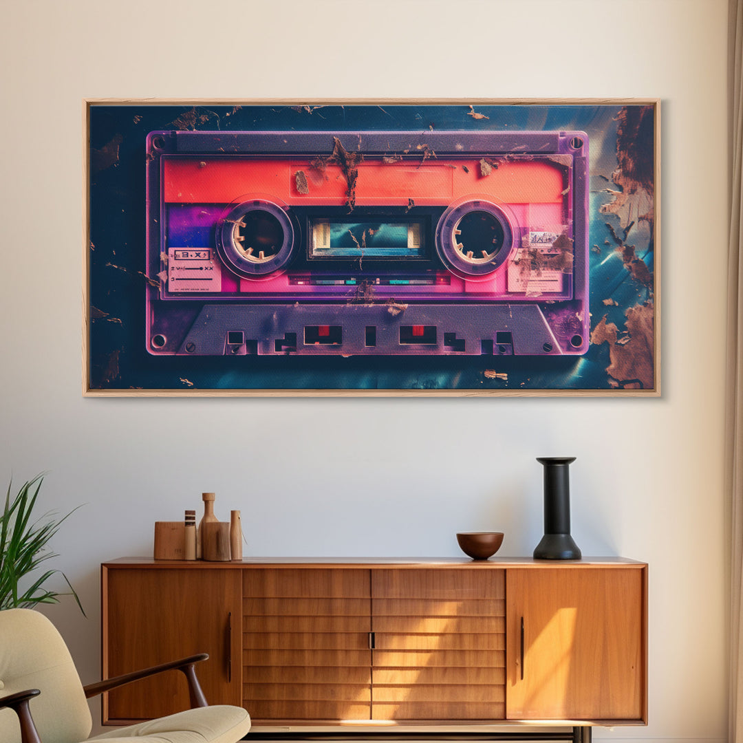 Vaporwave Cassette Tape Wall Art, Framed Canvas Print, 1980s Inspired Home Decor, Retro Art, 80s Decor, Aesthetic Decor