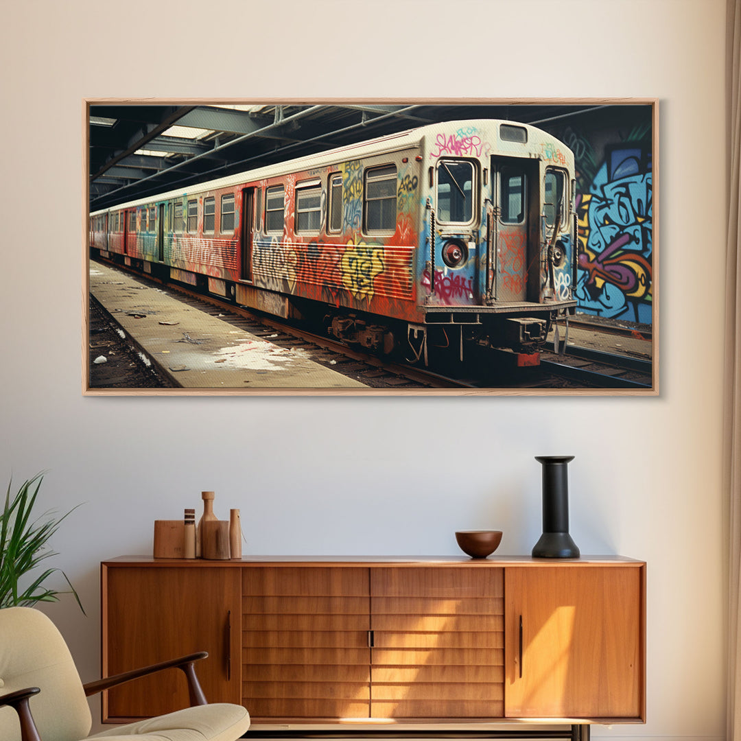 Graffiti Art On A Subway Train, Framed Canvas Print, Urban Decay, NYC 1970s, Graffiti Wall Art, Street Art, Pop Art Print, Industrial Art