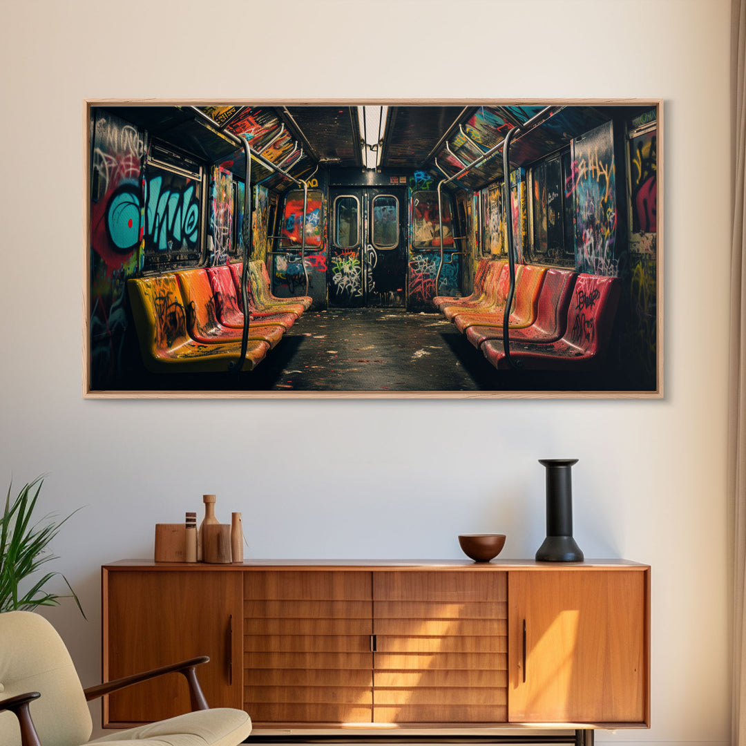 Graffiti Art On A Subway Train, Framed Canvas Print, Urban Decay, NYC 1970s, Graffiti Wall Art, Street Art, Pop Art Print, Industrial Art