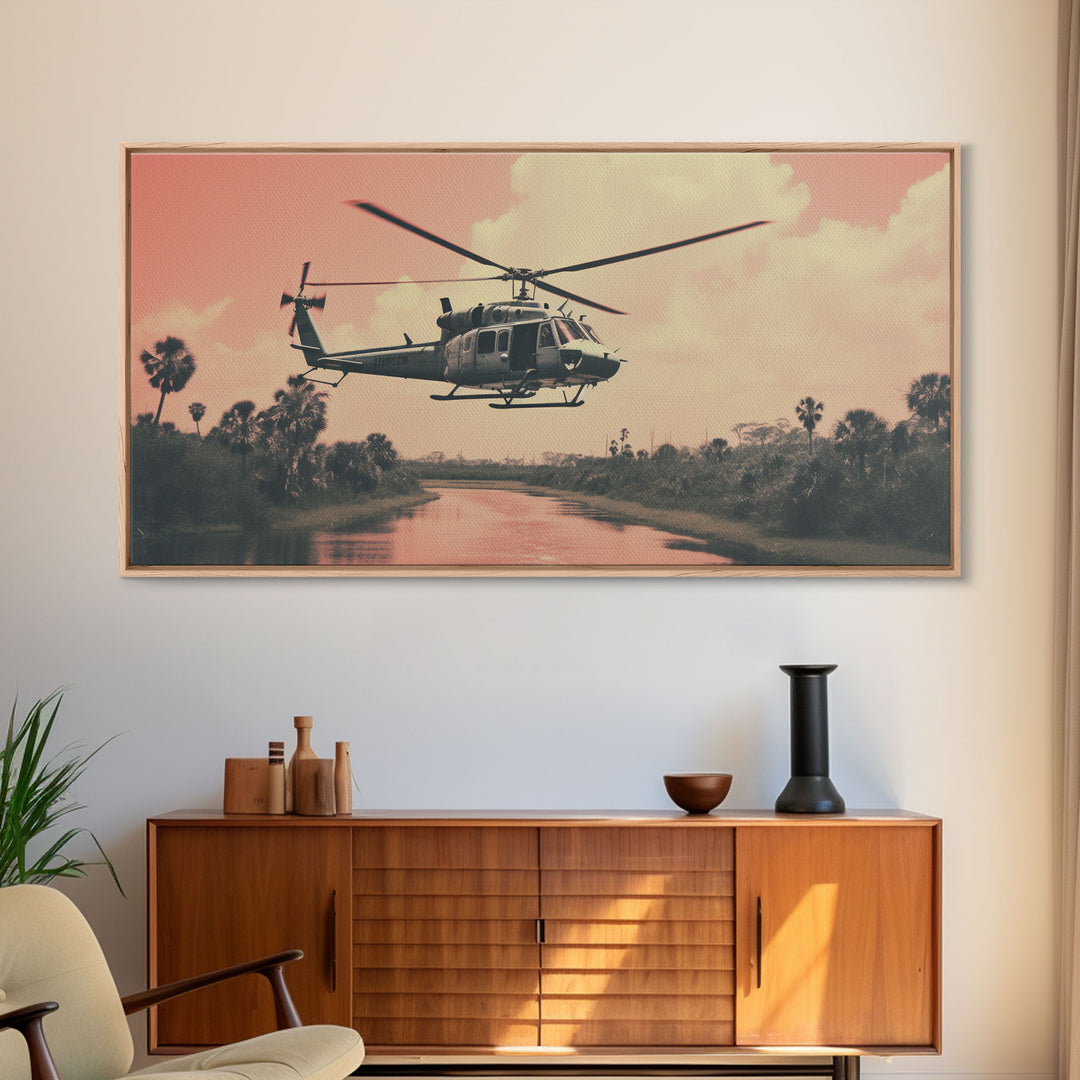 Vaporwave Huey Helicopter Over Vietnam, Framed Canvas Print, Military / War Art, Gift For Veteran, Hot LZ