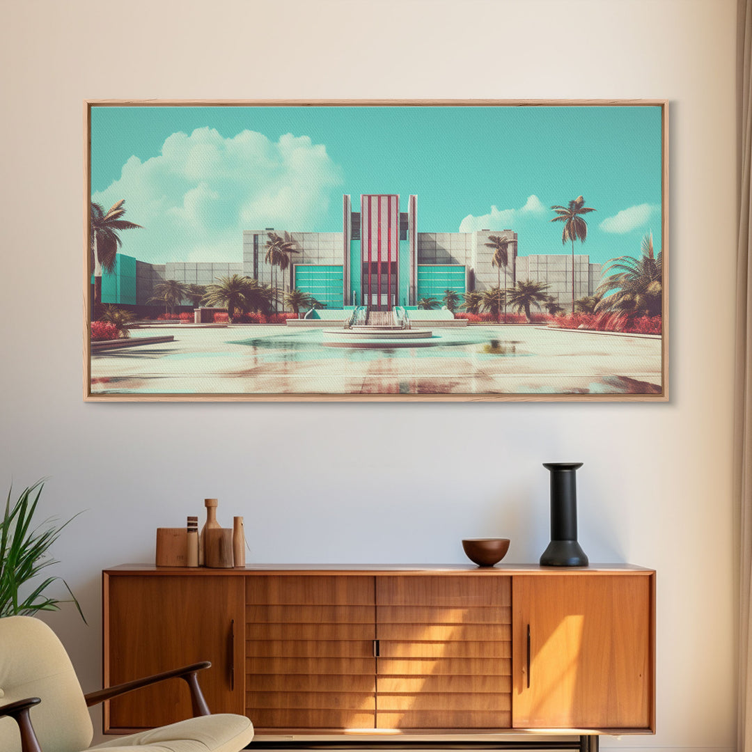 Vaporwave Art Deco Architecture, Framed Canvas Print, Retro 80s Wall Art, Liminal Spaces, Office Decor