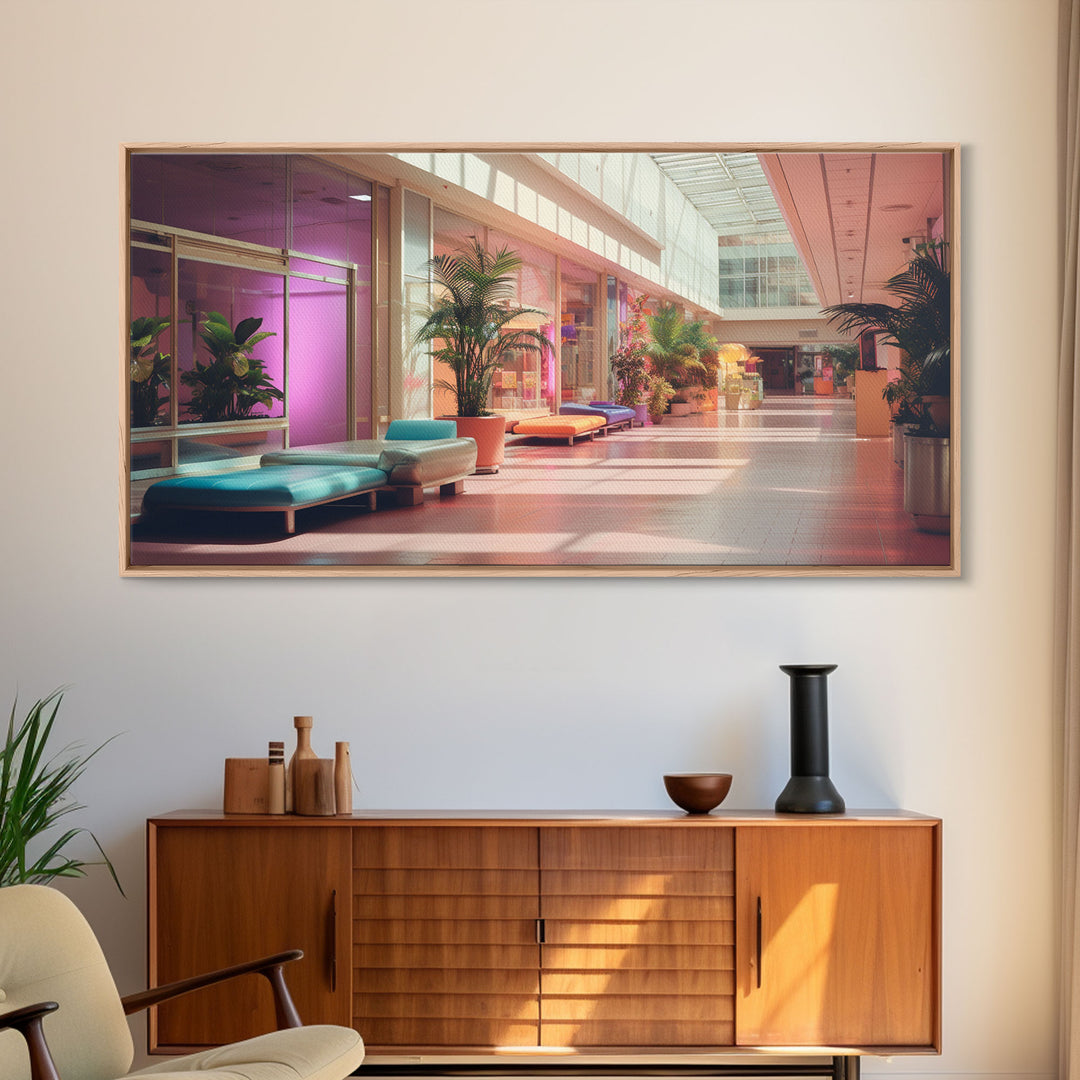 The Mall Before Opening On A Saturday Morning, Framed Canvas Print, Retro Vaporwave Aesthetic 1980s Vibes Wall Art