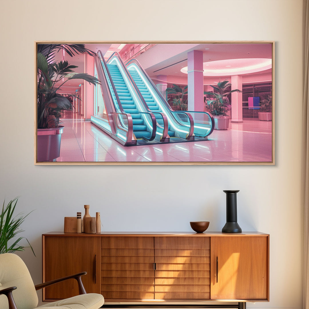 The Mall Before Opening On A Saturday Morning, Framed Canvas Print, Retro Vaporwave Aesthetic 1980s Vibes Wall Art