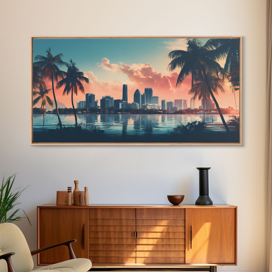 Miami Skyline At Sunrise, Framed Canvas Print, Vaporwave Aesthetic Wall Art, Framed Canvas Art, 1980s Art, Retro Decor