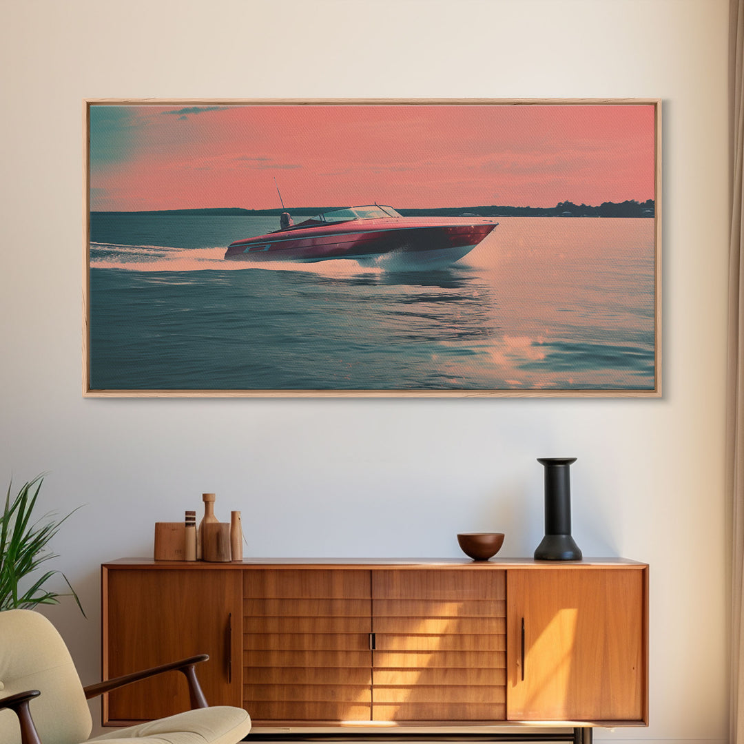 Vaporwave Pink Speed Boat Decor, Nautical Framed Canvas Print, Eclectic Retro Wall Art, 1980s Vibes Decor, Vintage Photography, Liminal Art