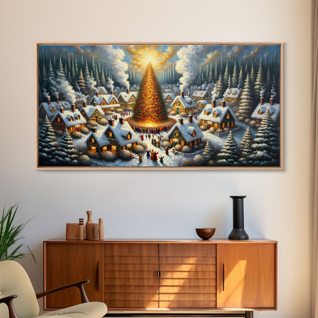 Abstract Christmas Village Centerpiece Wall Art | Framed Canvas Print | Christmas Oil Painting Winter Wonderland | Retro Farmhouse Christmas