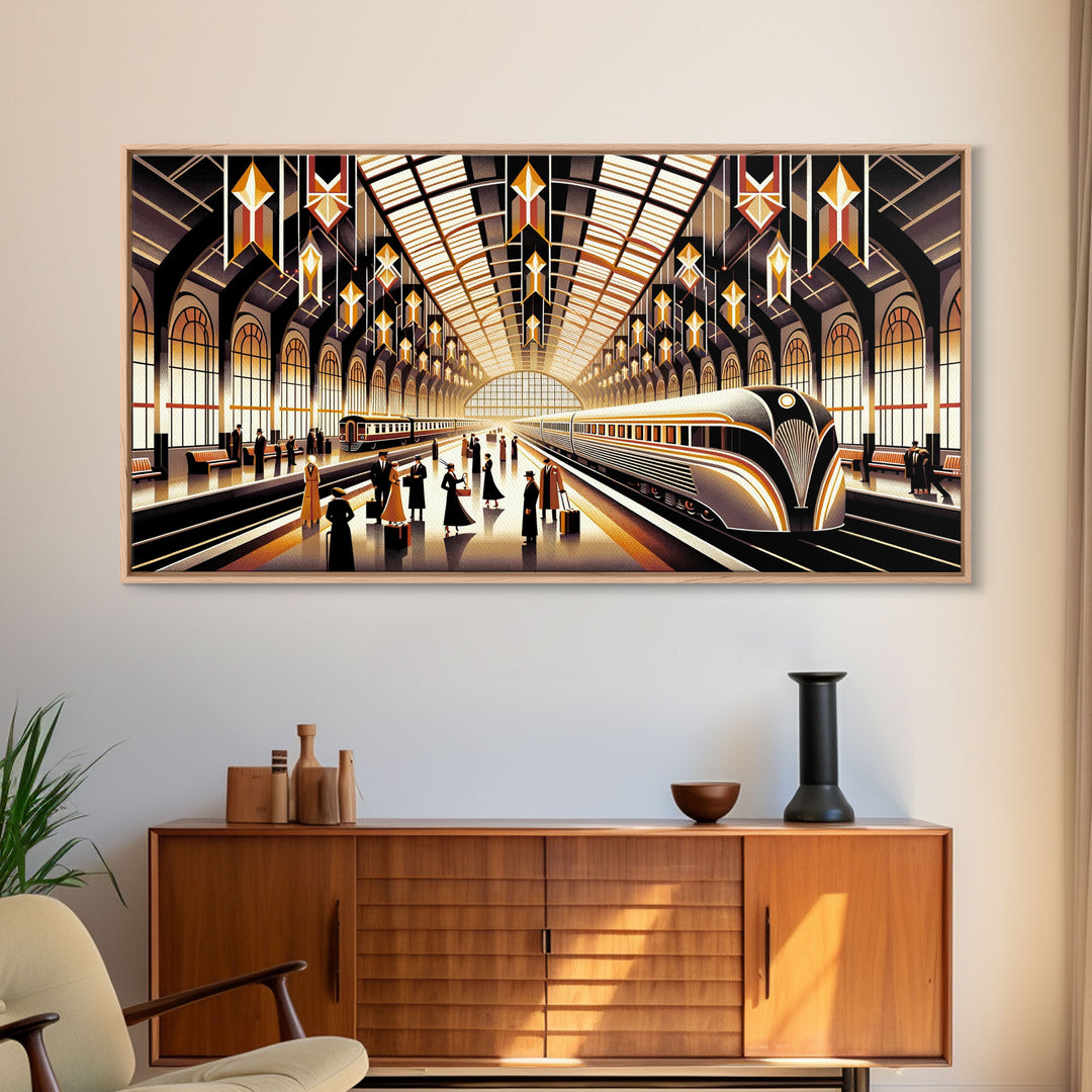 Art Deco Train Station - Retro Decor - Framed Canvas Print - Subway Art - Art Deco Pattern - Unique Retro Wall Art - Gift For Him