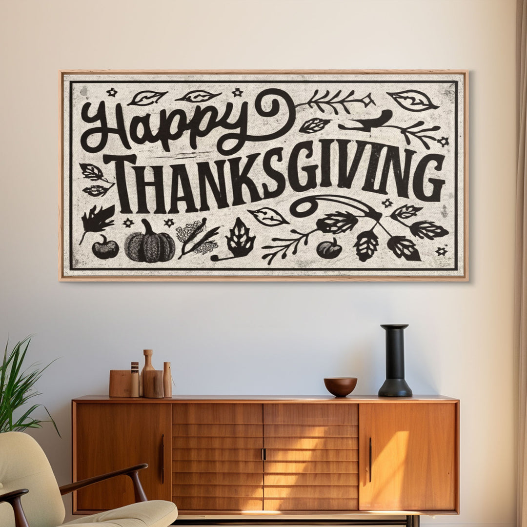 Happy Thanksgiving! Modern Farmhouse Sign, Dining Room Wall Sign Kitchen Decor Large Framed Canvas Print, Fall Wall Art, Seasonal Wall Decor