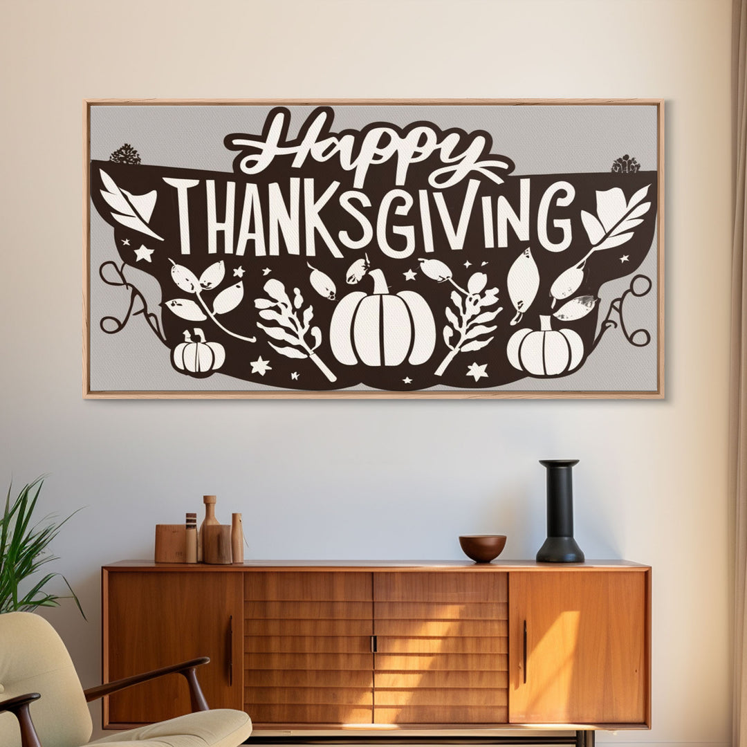 Happy Thanksgiving! Modern Farmhouse Wall Decor, Dining Room Wall Sign Kitchen Decor Large Framed Canvas Print, Fall Wall Art, Thankful