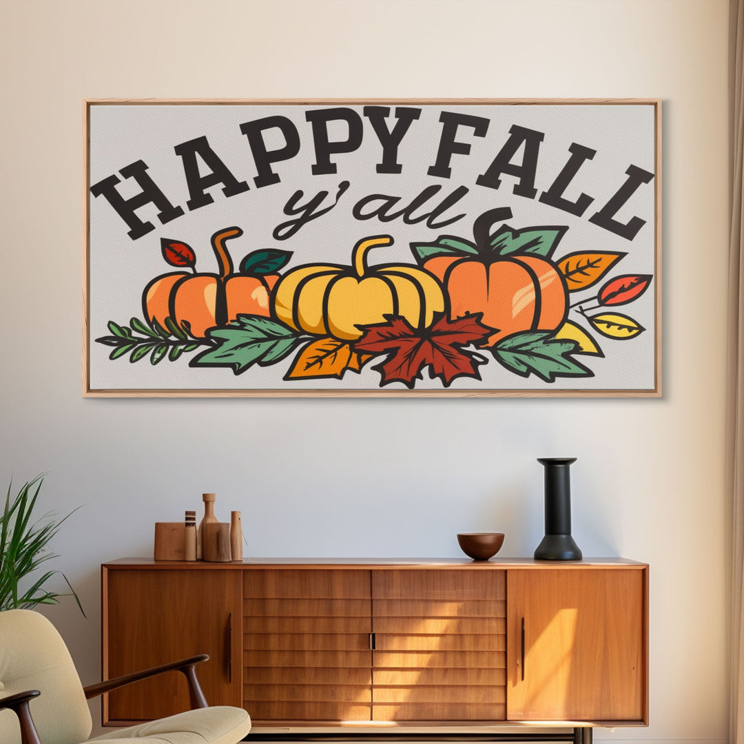 Happy Fall Y'all Typography Wall Art - Framed Canvas Print - Rustic Fall Sign - Thanksgiving Sign - Minimalist Farmhouse Primitive Art