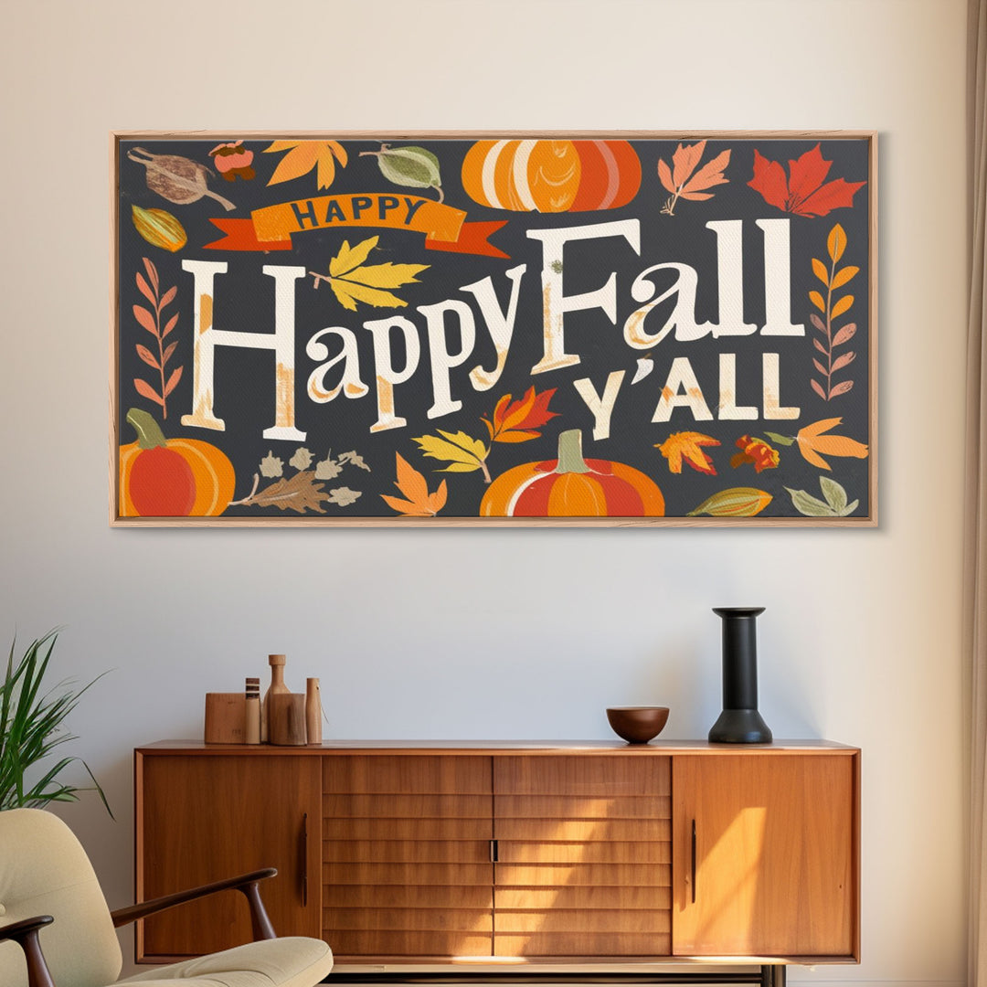 Happy Fall Y'all Typography Wall Art - Framed Canvas Print - Rustic Fall Sign - Thanksgiving Sign - Minimalist Farmhouse Primitive Art