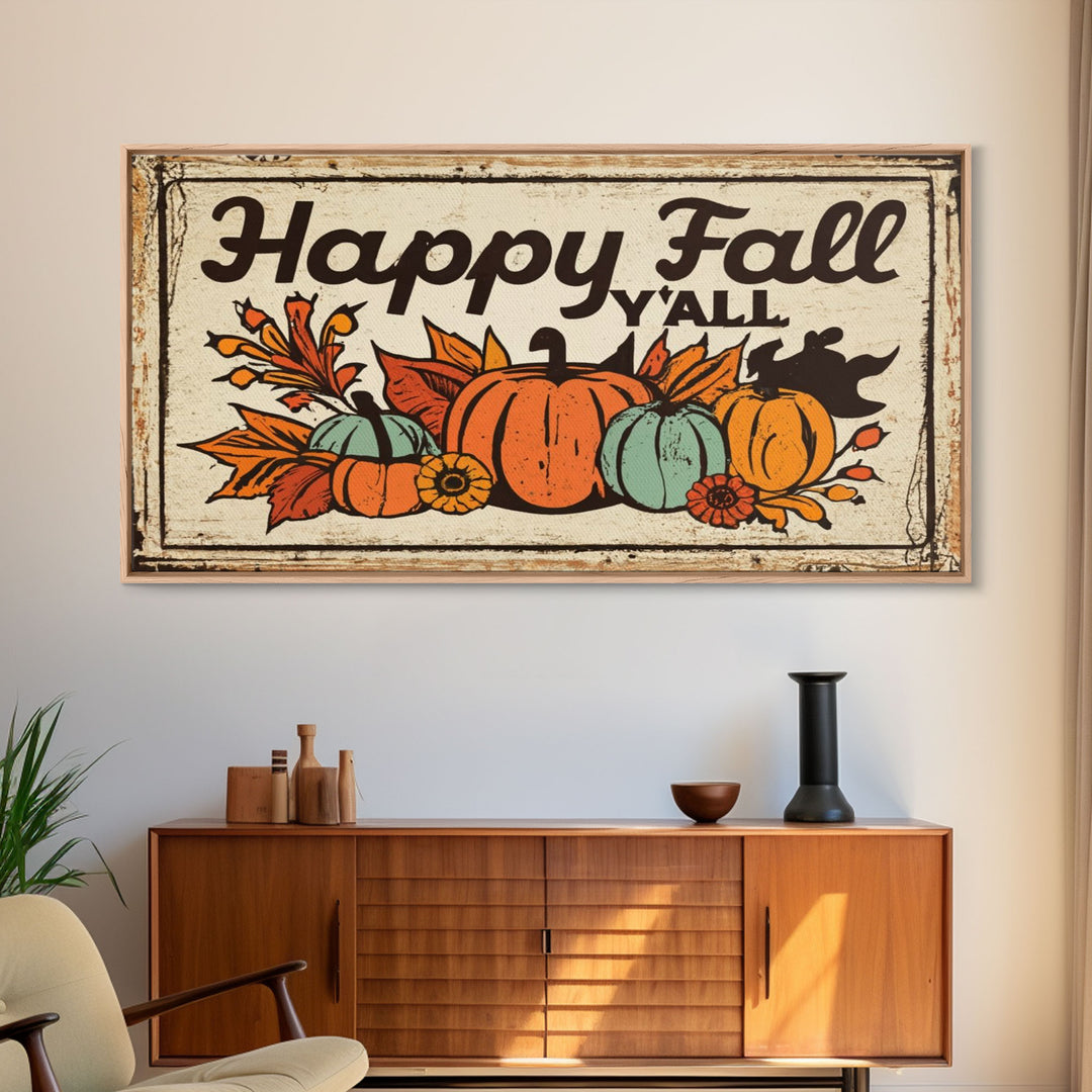 Happy Fall Y'all Typography Art, Rustic Farmhouse Decor, Framed Canvas Print, Canvas Sign, Fall Sign, Thanksgiving Sign Primitive Wall Art