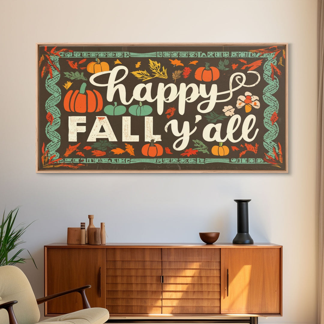 Happy Fall Y'all Typography Art, Rustic Farmhouse Decor, Framed Canvas Print, Canvas Sign, Fall Sign, Thanksgiving Sign Primitive Wall Art