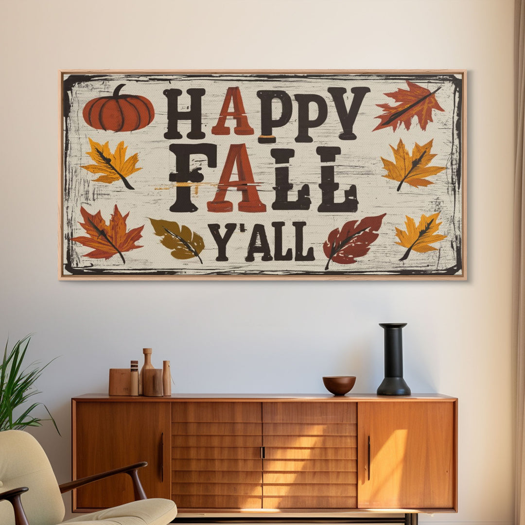 Happy Fall Y'all Typography Art, Modern Farmhouse Wall Decor, Dining Room Wall Sign Kitchen Decor Large Framed Canvas Print, Fall Wall Art