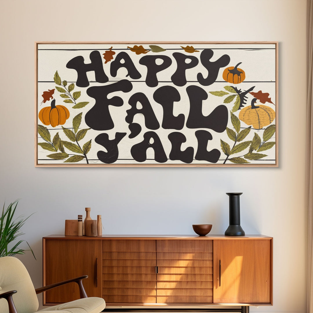 Happy Fall Y'all Typography Art, Modern Farmhouse Wall Decor, Dining Room Wall Sign Kitchen Decor Large Framed Canvas Print, Fall Wall Art