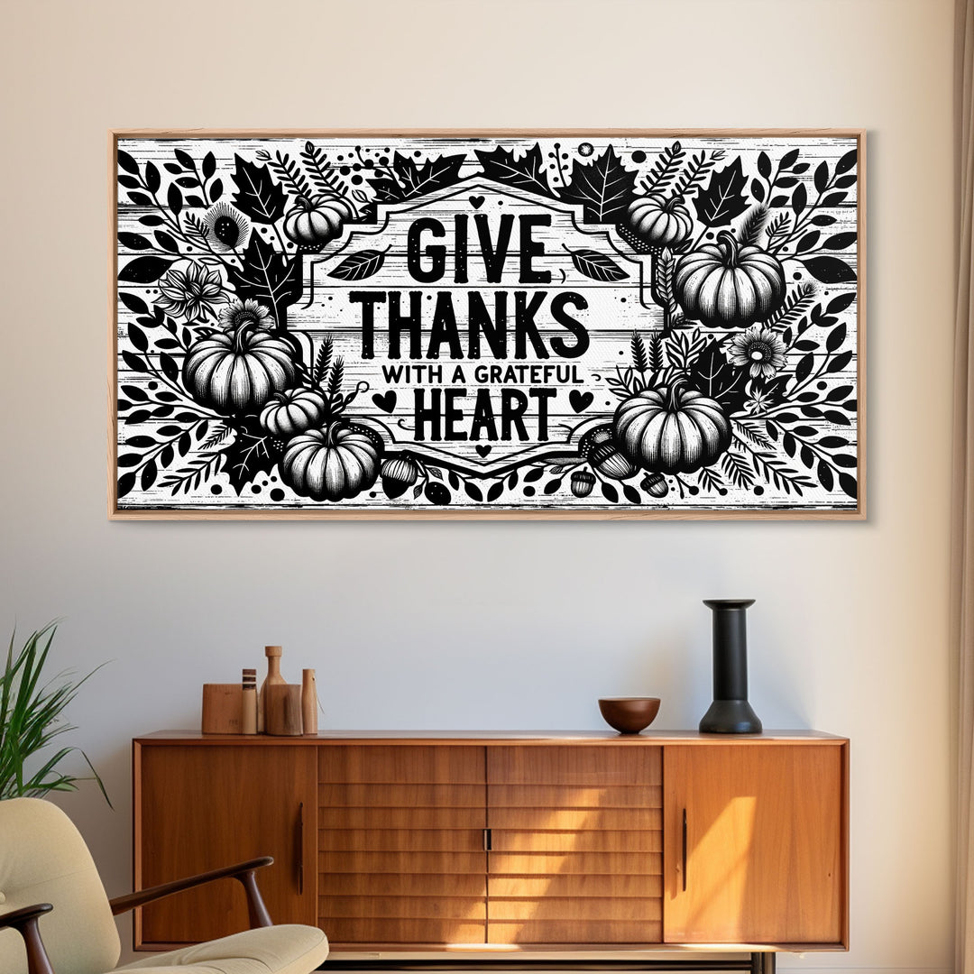 Give Thanks With A Grateful Heart Modern Farmhouse Wall Decor, Dining Room Wall Sign Kitchen Decor Large Framed Canvas Print, Fall Wall Art