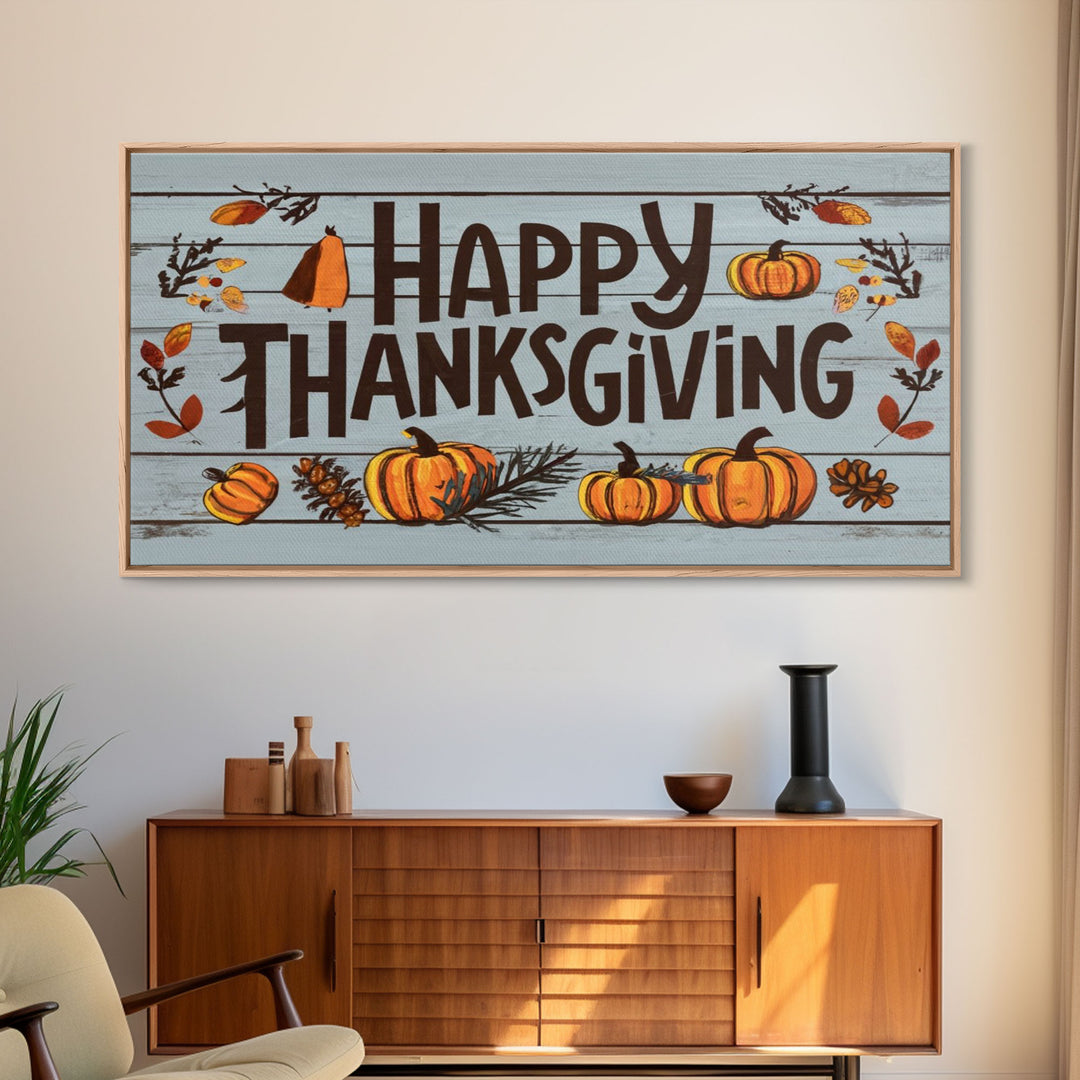 Happy Thanksgiving! Modern Farmhouse Wall Decor, Dining Room Wall Sign Kitchen Decor Large Framed Canvas Print, Fall Wall Art, Thankful