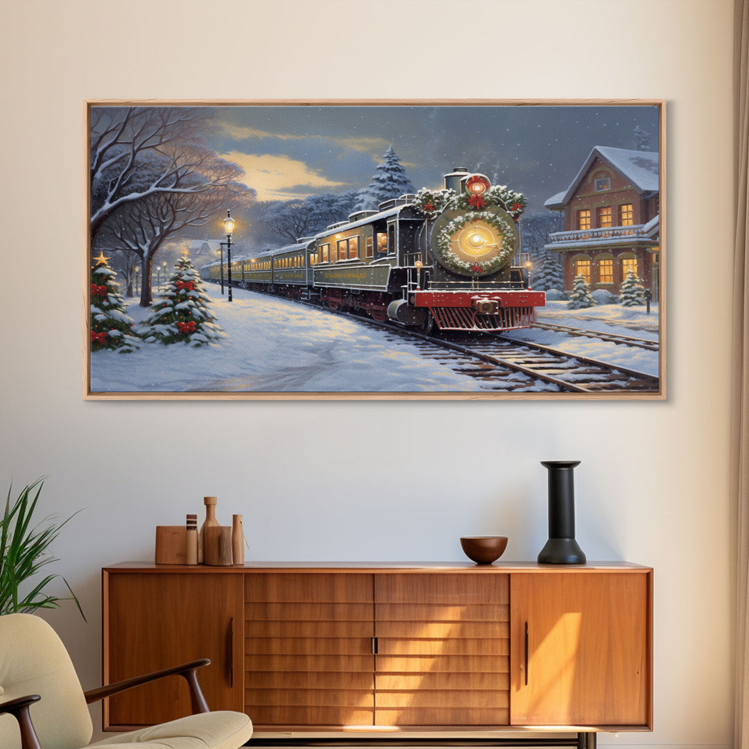 The Christmas Train Oil Painting Framed Canvas Print - Christmas Decor - Handmade Christmas Gift - Christmas Decoration Home Decor Wall Art