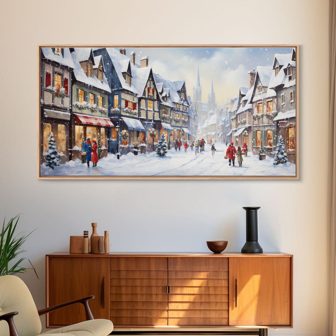 Winter Wonderland - Quaint European Village at Christmas Time - Framed Canvas Print - Christmas Decor