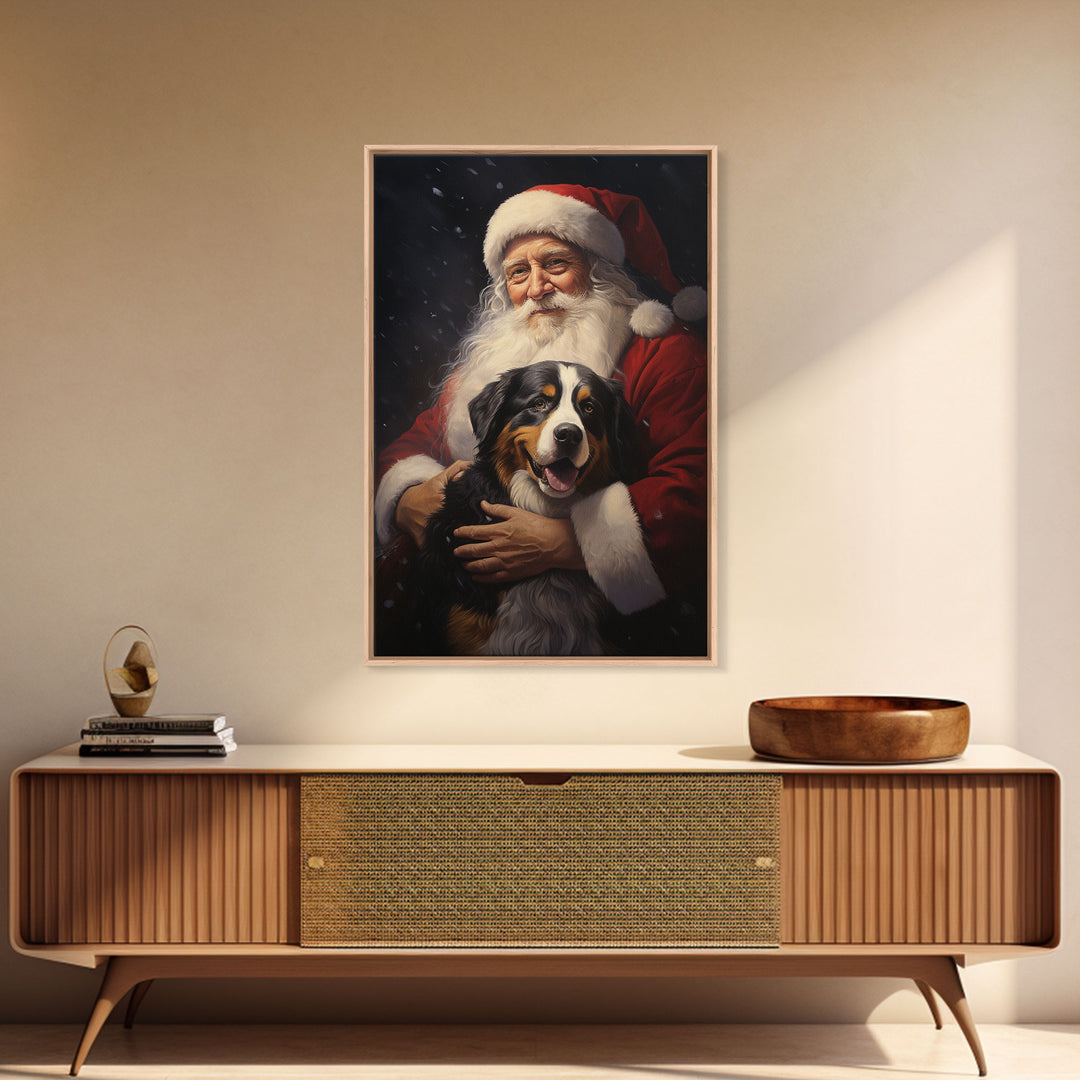 Santa Claus and his Bernese Mountain Dog, Cute Dog Art, Framed Canvas Print, Christmas Art, Christmas Decor, Christmas Art Print, Cute Dog