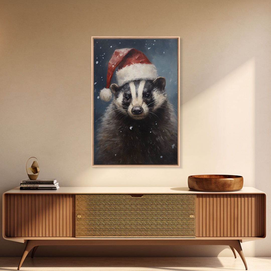 Cute Christmas Badger In A Santa Hat, Framed Canvas Print, Christmas Art, Christmas Decor, Christmas Art Print, Christmas Wall Art