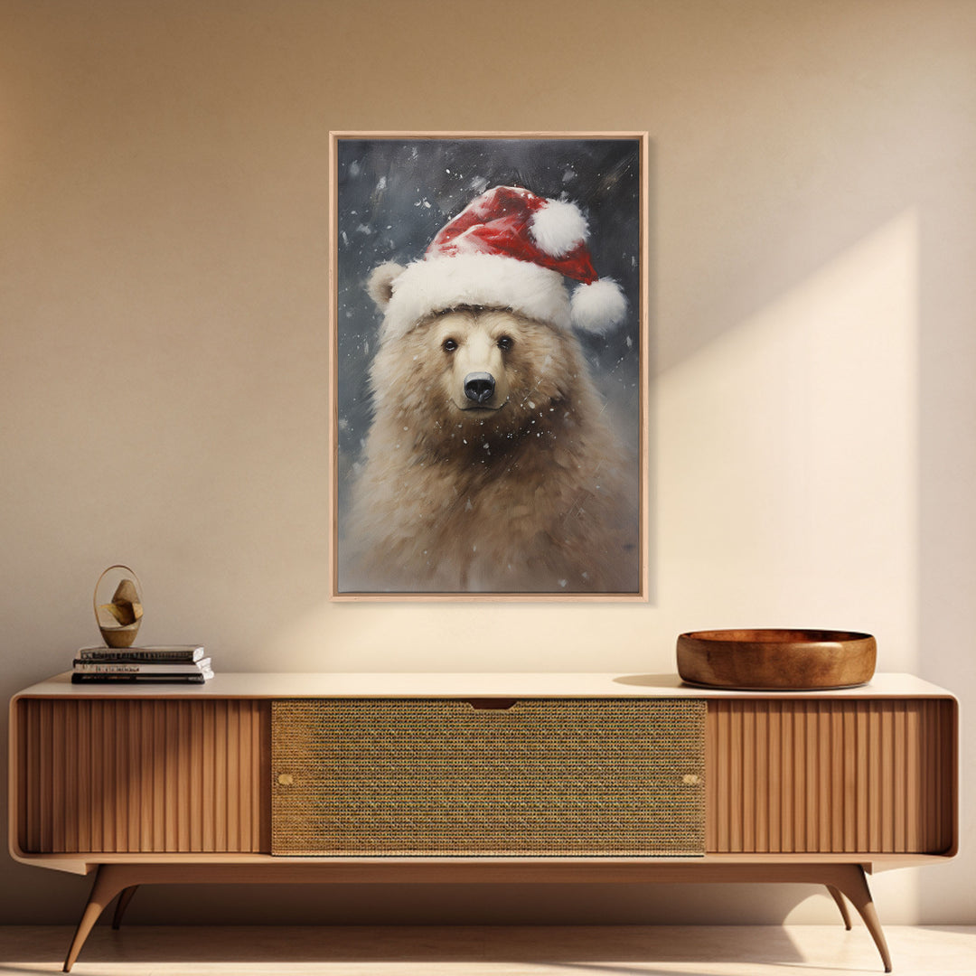 Cute Christmas Bear In A Santa Hat, Christmas Art, Christmas Decor, Christmas Wall Art, Christmas Painting, Vintage Christmas