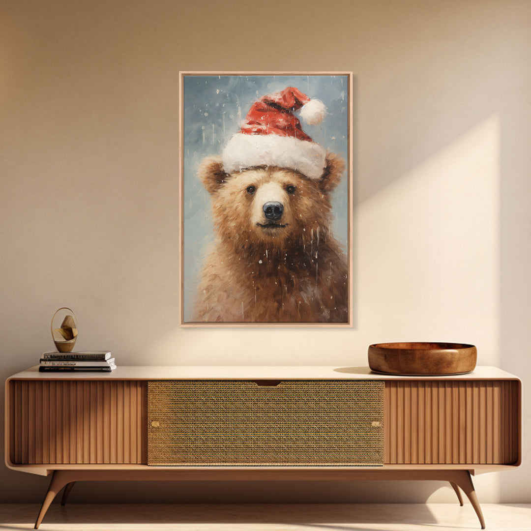 Cute Christmas Bear In A Santa Hat, Framed Canvas Print, Christmas Art, Christmas Decor, Christmas Art Print, Christmas Wall Art