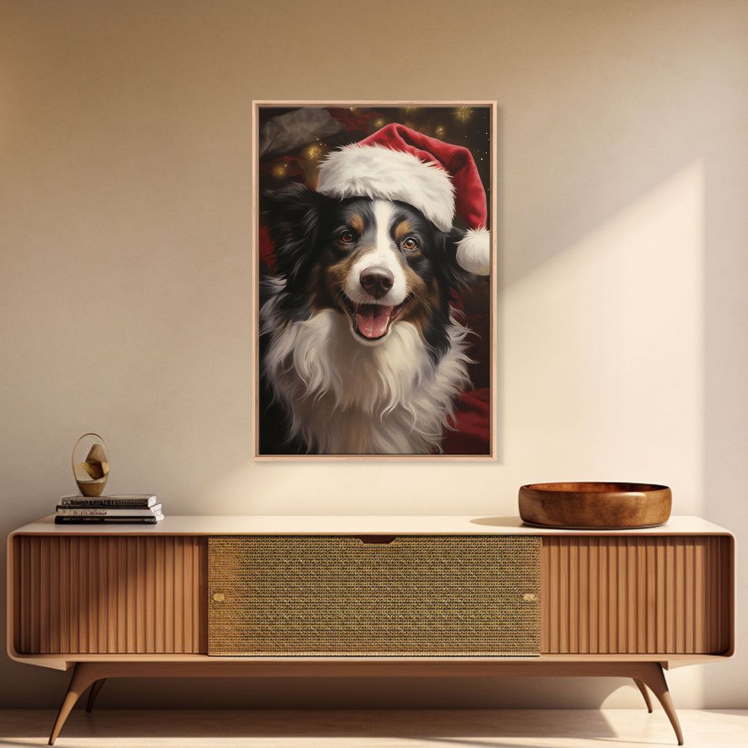 Cute Border Collie In A Santa Hat, Framed Canvas Print, Christmas Decor, Holiday Decor, Seasonal Wall Decor, Farmhouse Christmas