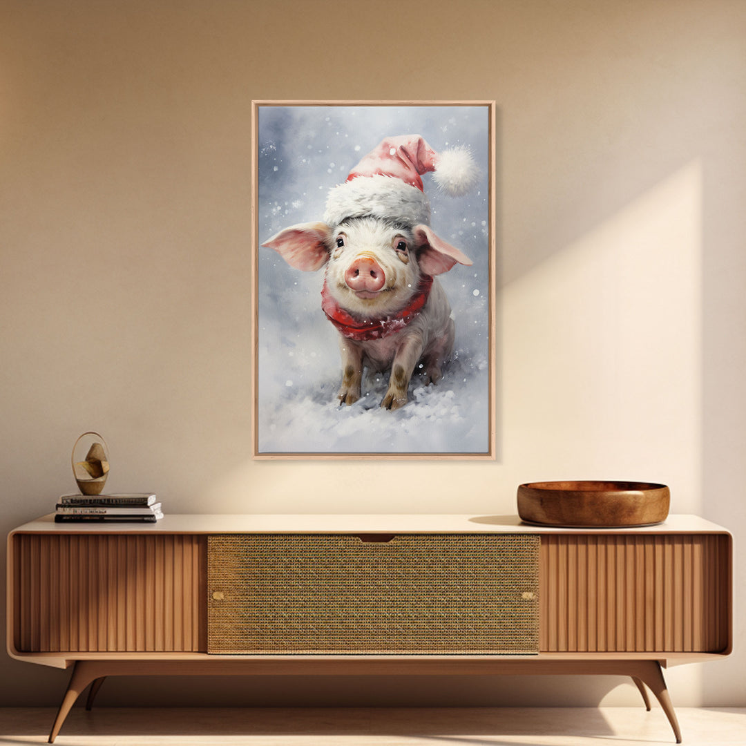 Cute Christmas Pig In A Santa Hat, Christmas Art, Christmas Decor, Christmas Wall Art, Farmhouse Christmas, Vintage Christmas, Pig Print