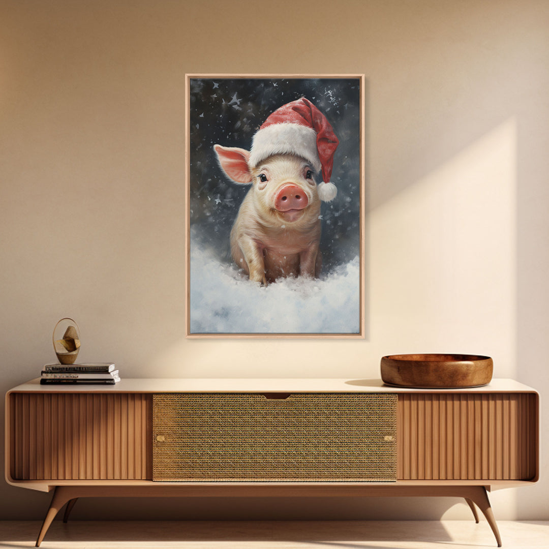 Cute Christmas Pig In A Santa Hat, Christmas Art, Christmas Decor, Christmas Wall Art, Farmhouse Christmas, Vintage Christmas, Pig Print