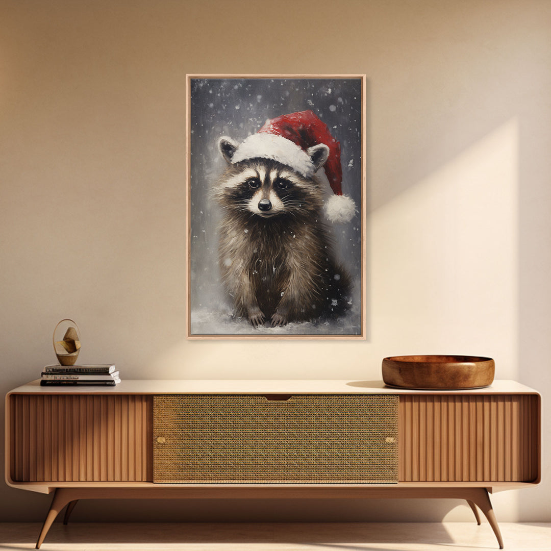 Cute Christmas Raccoon In A Santa Hat, Christmas Art, Christmas Decor, Christmas Wall Art, Farmhouse Christmas, Vintage Christmas Raccoon