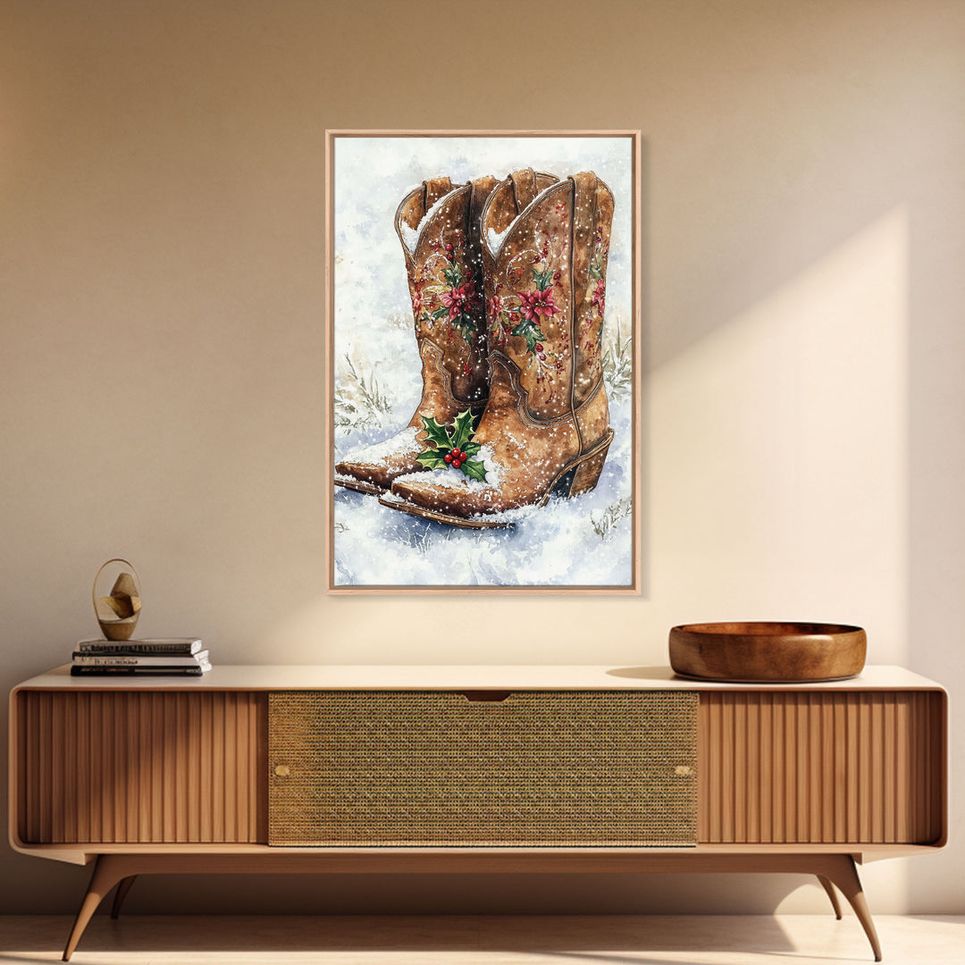 Christmas Cowboy Boots, Framed Canvas Print, Primitive / Rustic Farmhouse Wall Art, Cowboy Decor, Texan Art, Christmas Vintage Art