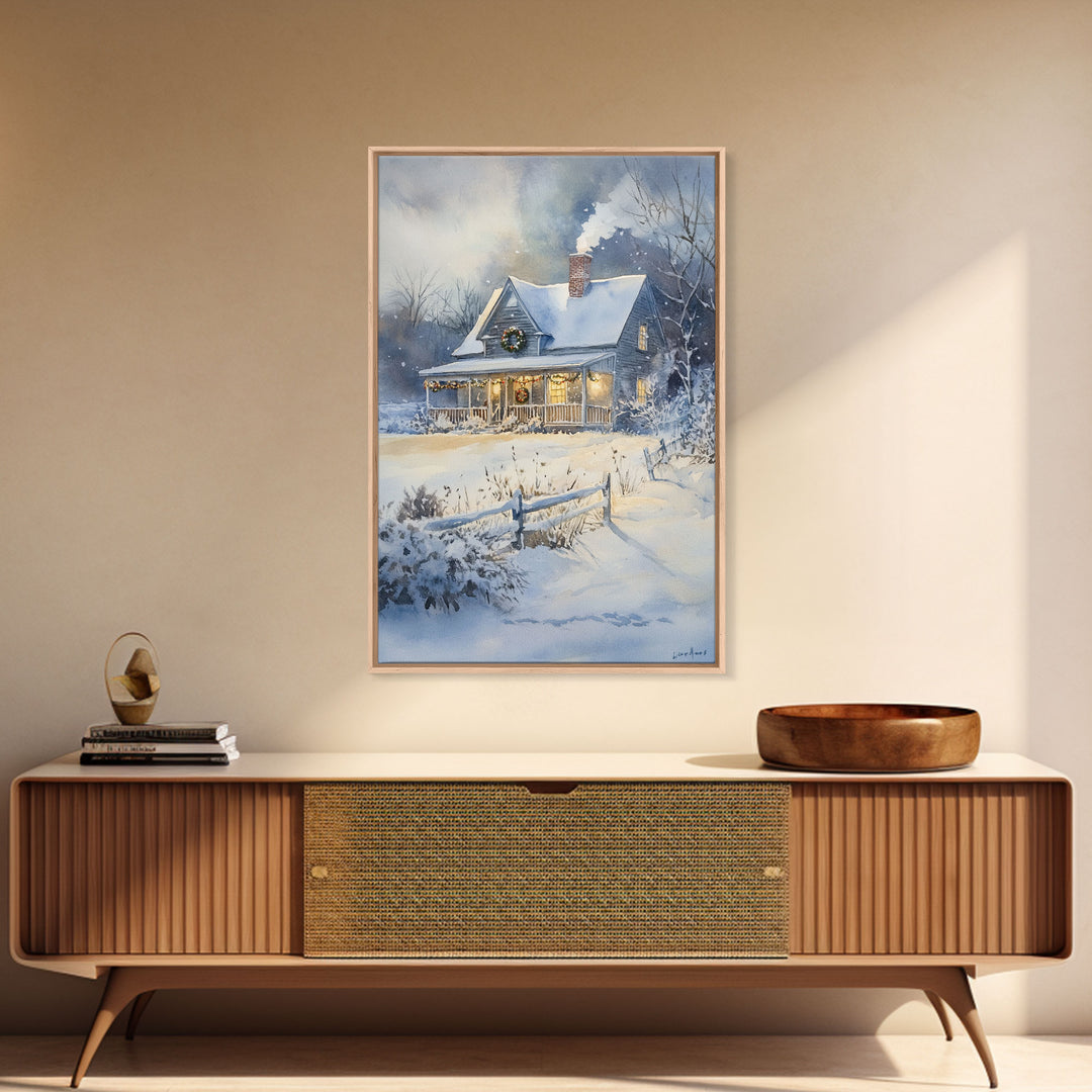 Christmas Cottage Wall Art, Framed Canvas Print, Winter Wonderland Landscape Print