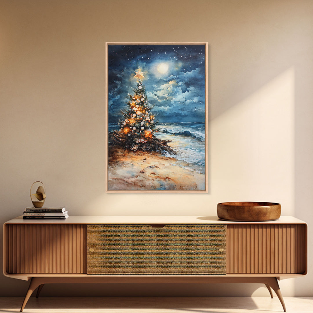 Christmas Tree On The Beach, Framed Canvas Print, gallery wall, Christmas Poster, Xmas Prints