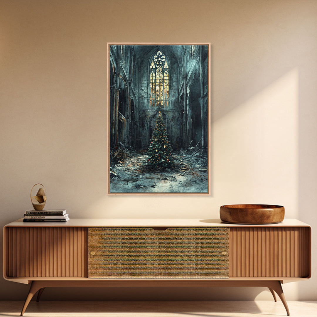 Moody Landscape Gothic Cathedral Christmas Tree Framed Canvas Print Christian Christmas Art Gift Rustic Holiday Wall Art Home Decor