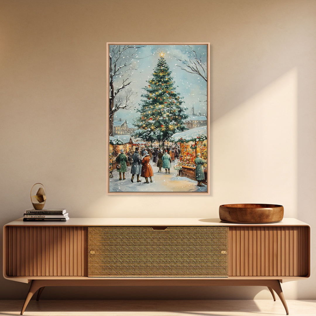 Snowy Christmas Market with Decorated Stalls and Large Holiday Tree, Framed Canvas Print for Vintage Christmas Wall Decor