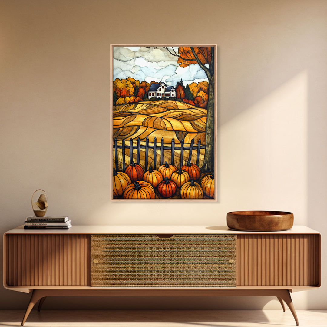 Cozy Fall Farmhouse With Pumpkins Framed Canvas Print Autumn Wall Art Country Farmhouse Decor Best Gift Idea Above Sofa Seasonal Art