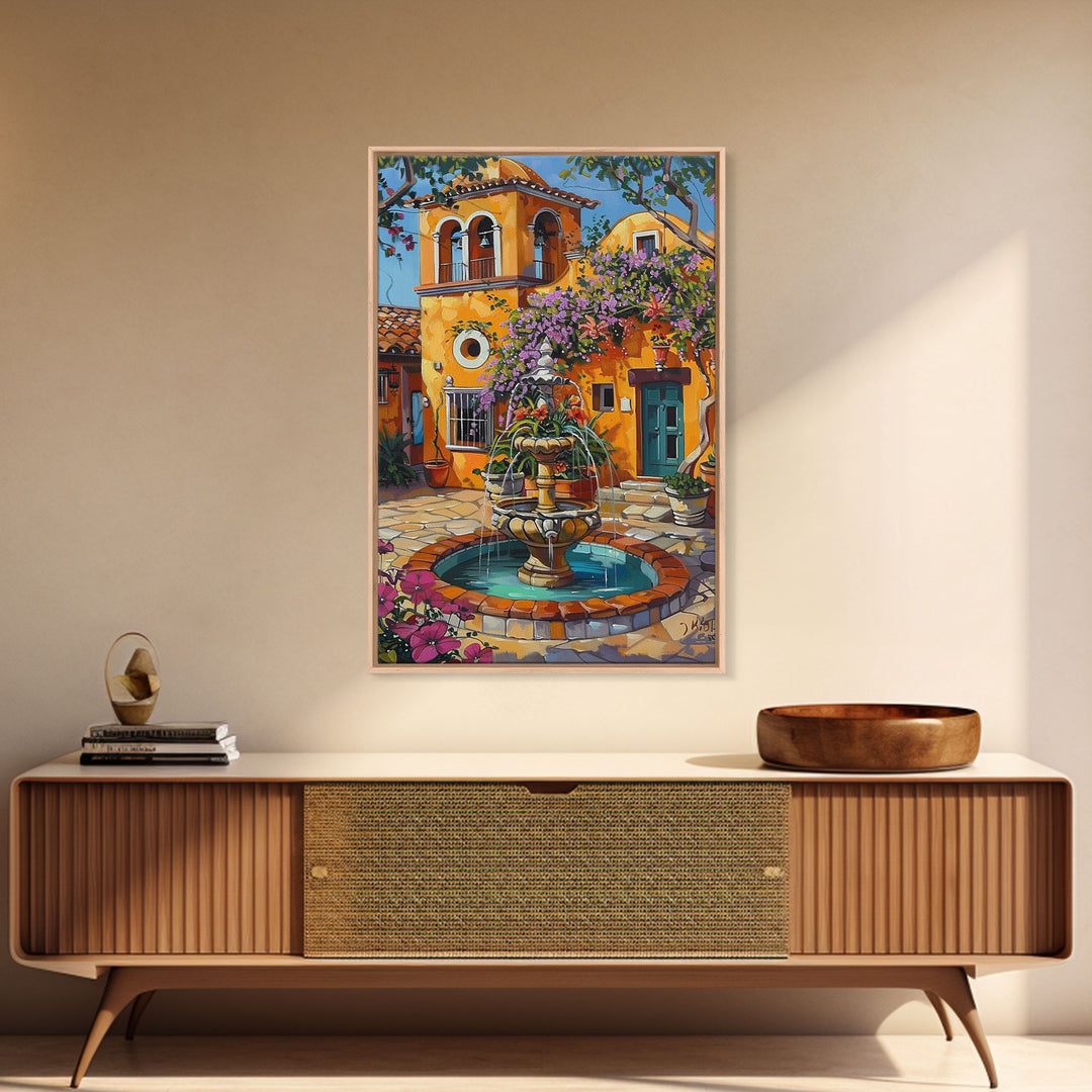 Tall Art Framed Canvas Print Featuring Mexican Style Courtyard Fountain And Vibrant Architecture