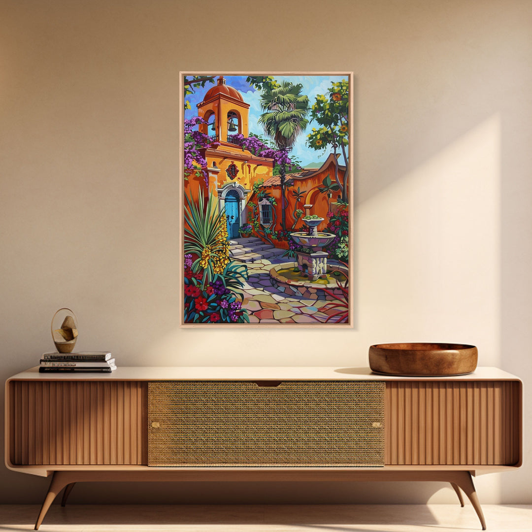 Vibrant Mexican Style Architecture Framed Canvas Print Tall Art Featuring Colorful Homes And Nature