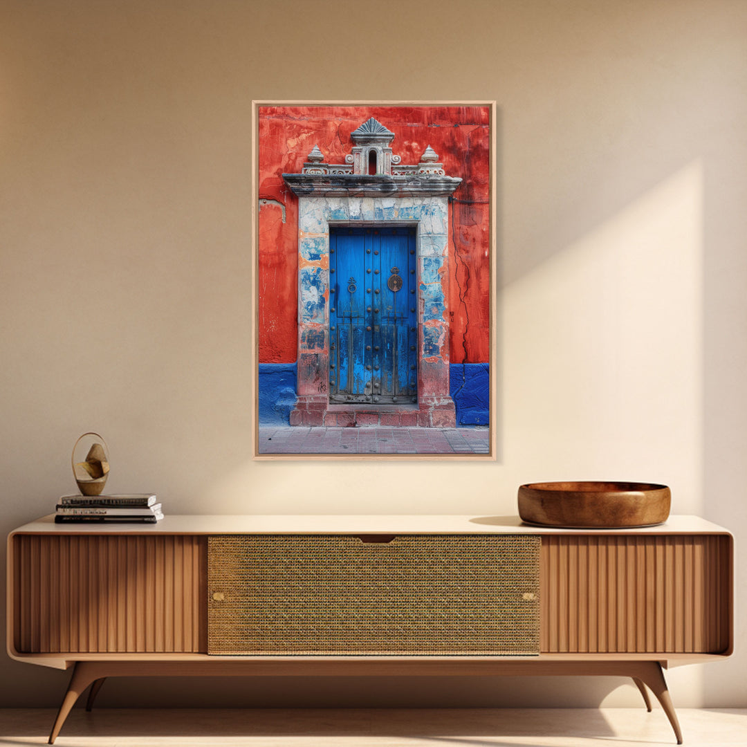 Tall Art Framed Canvas Print Of Mexican Style Blue Door And Red Walls With Vibrant Flowers