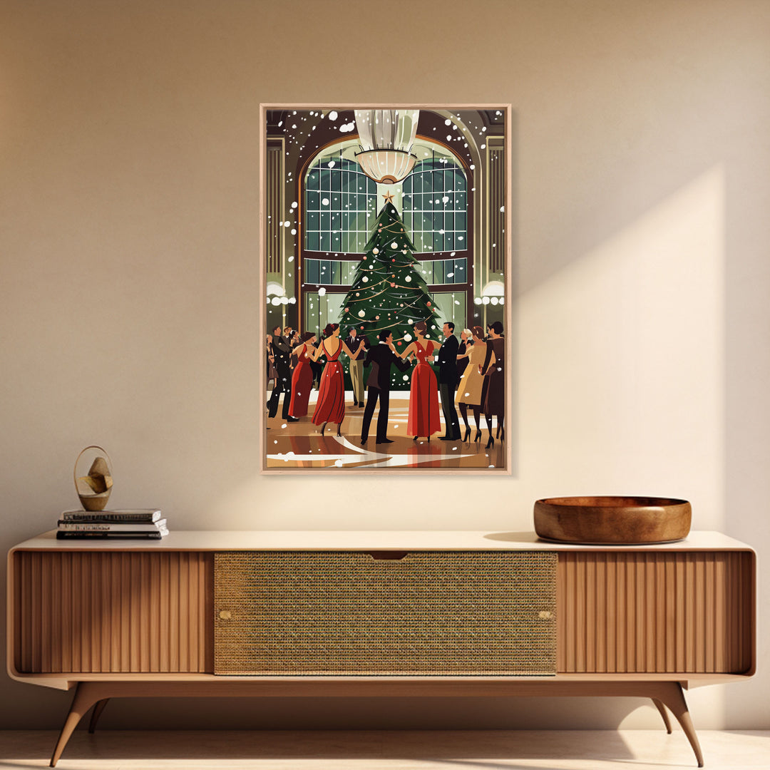 Vintage Christmas Dance in Grand Hall with Snow Falling and Large Decorated Christmas Tree, Ideal Holiday Art, Framed Canvas Print