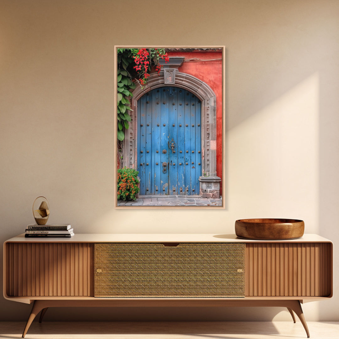 Traditional Mexican Style Rustic Blue Door Tall Art Framed Canvas Print Featuring Detailed Architecture