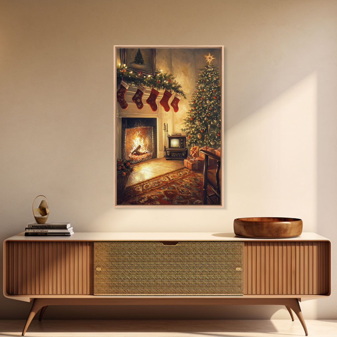 Nostalgic Christmas Living Room Scene Framed Canvas Print With Vintage Fireplace And Tree, Warm Holiday Wall Art Christmas Decor